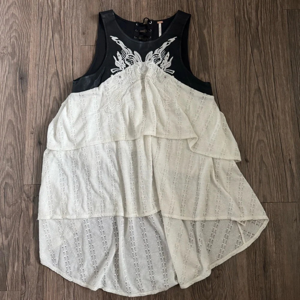 Free People Faux Leather Black and White Lace-Up Back Layered Top